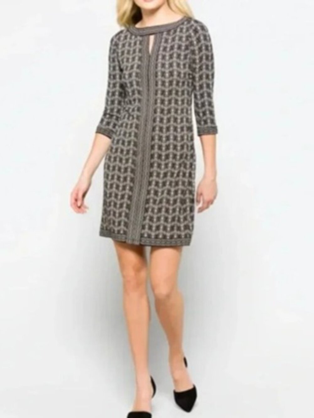 Wisp Marnie Black & White Floral Keyhole Neckline 3/4 Sleeve Knit Dress Size 4